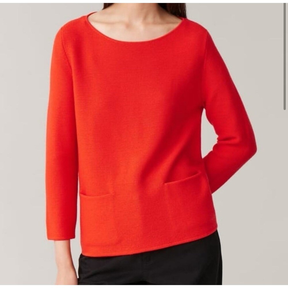 COS 100% Merino Wool Sweater Pockets Red Quiet Luxury Minimalist Capsule Sz M - Picture 2 of 7
